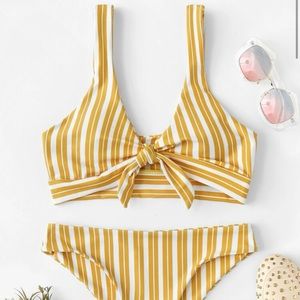 Yellow & white striped knit front bikini set